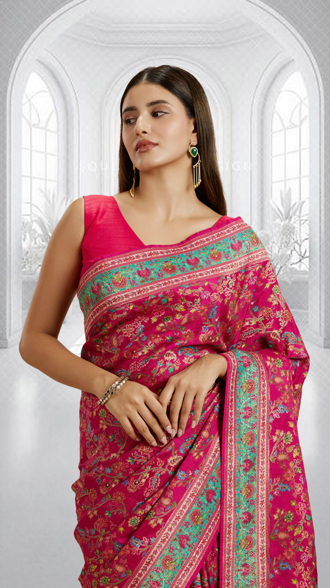 women wearing red Embroidered Saree with Spaghetti-Strap Blouse for wedding